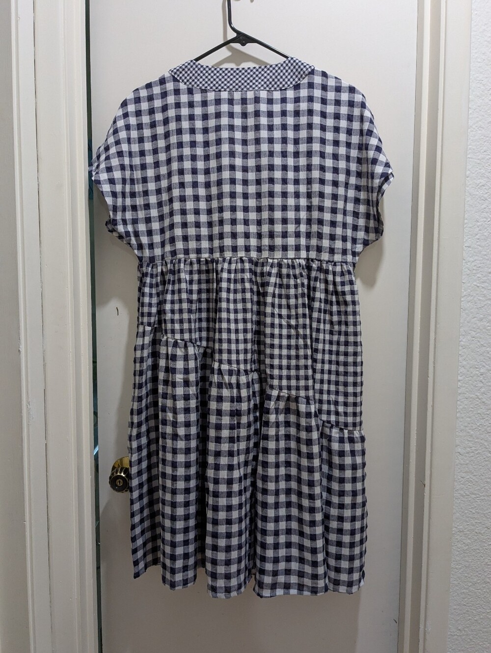 Anthropologie 11-1-TYLHO V Neck Swing Dress Navy and White Gingham Tiered Sz. S - Picture 4 of 8